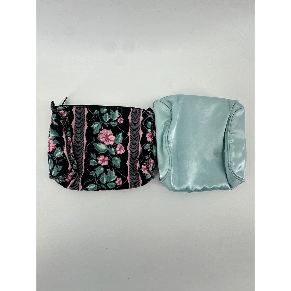 Vintage Cosmetic Bag Set Quilted Floral Cotton & Blue Satin Lace Bow Pouches